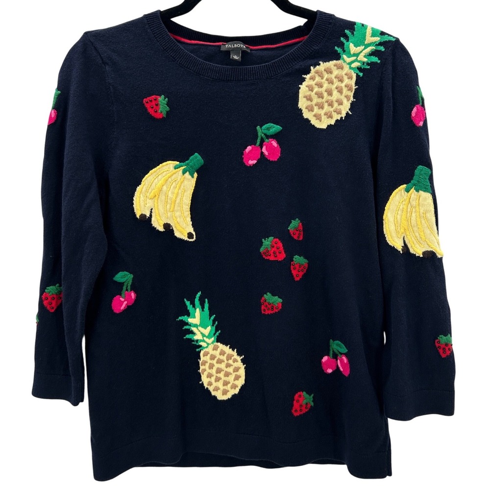 Talbots Women Navy Blue Fruit Embroidered Crew Neck‎ 3/4 Sleeve Sweater Sz Large